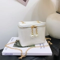 Sparkly white sequin mini box bag for kids with pearl zipper charm and gold chain strap - White