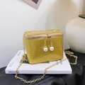 Golden sequin mini box bag with chain strap and elegant pearl zipper pullers - Gold