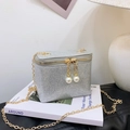 Silver sequin mini box bag for children featuring a gold chain strap and pearl zippers - Silver