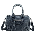 Sac à épaule rétro en denim de style Boston avec délavage et bandoulière réglable - Bleu