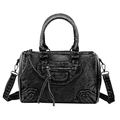 Sac à bandoulière moto en denim noir vintage avec texture vieillie et pampilles à franges - Noir
