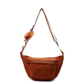 Caramel brown crescent canvas crossbody bag with a round mini coin purse attachment - Brown