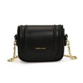 Mini girls crossbody bag in black leather finish with golden chain strap and text - Black