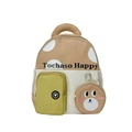 Mochila infantil beige con lunares, colgante de osito y estuche verde lateral - Caqui