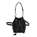 Classic black mini bucket bag for kids with white contrast stitching and gold metal hardware - Black