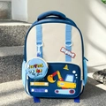 Close-up of blue and beige children backpack with excavator embroidery and round coin purse - Dark Blue