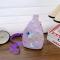 Purple kids chest bag with unicorn and rainbow prints featuring adjustable straps - Purple
