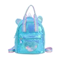 Kids blue sequin backpack with unicorn horn and rainbow heart glitter pocket - Blue