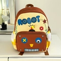 Detalle de la mochila infantil de robot con bolsillo amarillo y red lateral blanca - Marrón