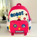 Detail view of pink robot backpack with white mesh side pocket and reinforced handle - Rose Red