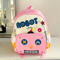 Detalle de la mochila robot rosa con estampados de engranajes y bolsillos de malla - Rosa