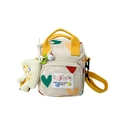 Kids heart print canvas crossbody bag in beige with yellow straps and plush charm - Beige