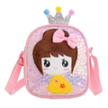 Pink sequin crossbody bag for girls featuring crown detail and cartoon girl embroidery - Pink