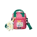 Pink heart-print kids crossbody bag with green strap and white plush charm - Pink