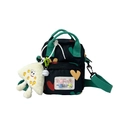 Kids black heart print crossbody bag with green straps and white plush monster charm - Black