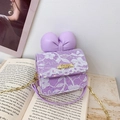 Mini purple lace crossbody bag for girls with a large bow and gold chain strap - Purple