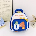 Blue and white dinosaur themed backpack for kids with cartoon design and orange number 04 - Blue
