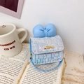 Mini light blue tweed girls crossbody bag with a leather bow and gold chain strap - Blue