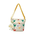 Borsa a tracolla in tela beige con cuori, tracolla gialla e ciondolo a fungo - Beige