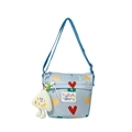 Borsa a tracolla per bambini in tela azzurra con cuori colorati e ciondolo di peluche - Blu