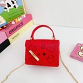 Mini red PU leather children's shoulder bag with cute cartoon bear and gold chain strap - Red