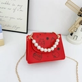 Red mini girl's bag with cute Capybara patterns, pearl handle and gold chain strap - Red