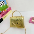 Mini metallic gold children's handbag with cute cartoon bear print and gold chain strap - Gold
