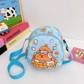 Cute light blue kids shoulder bag with cartoon bear print and wide fabric strap - Blue