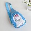 Detail of blue child's chest bag with a cartoon unicorn and white sequin wings - Blue