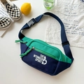 Kid's canvas chest bag in navy and green colorblock with adjustable strap and sport logo - Dark Blue