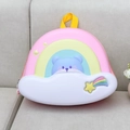 Detail of cute rainbow cloud backpack for kids featuring a bear and yellow star decor - Pink