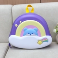 Detail view of the rainbow-colored hardshell kids backpack featuring a cute 3D bear and clouds - Purple