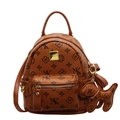 Brown mini leather backpack with vintage monogram pattern and puppy charm accessory - Brown with Pendant
