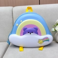 Close-up of hardshell kids backpack featuring blue rainbow clouds and bear patterns - Blue