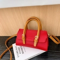 Mini red textured leather handbag with tan handles and gold metallic buckles for girls - Red