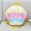 Detail of shell-shaped kids backpack with rainbow gradient and shiny star accents - Yellow