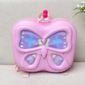 Detailed view of pink butterfly backpack with colorful EVA shell and soft fabric straps - Pink