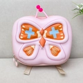 Detailed view of kids butterfly backpack with 3D wings and durable pink hardshell material - Light Pink