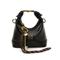 Glossy black half-moon handbag for girls featuring a golden key pendant and woven rope - Black