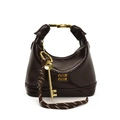 Deep brown patent leather girl's handbag featuring a golden key charm and metal lock - Brown