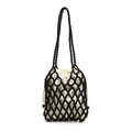 Elegante schwarze Perlen-Netztasche mit weißem Satin-Kordelzug-Futter für Damen - Groß / Schwarz