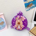 Purple hard shell kids backpack featuring a cartoon Capybara with cherry blossoms - Purple Swimming Capybara