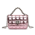 Pink metallic quilted mini crossbody bag with bead handle and silver chain strap - Pink