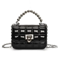 Glossy black quilted kids mini chain bag with silver beaded handle and metal clasp - Black