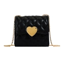 Mini borsa a catena nera trapuntata per bambine con grande fibbia a cuore dorata - Nero