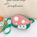Cute green mushroom shaped crossbody bag for kids with pink polka dot lid and smiling face - Pink