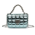 Metallic blue quilted mini bag for kids with pearl handle and silver chain strap - Blue