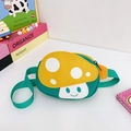 Cute green mushroom shaped kids crossbody bag with white polka dots and adjustable strap - Yellow