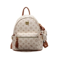 Mini sac à dos beige à monogramme NK avec bordure marron et clous dorés pour femme - Moyen / Avec Pendentif / Blanc Cassé