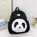 Süßer schwarzer Schulrucksack mit 3D-Plüsch-Pandakopf aus Canvas mit praktischen Seitentaschen - Schwarz